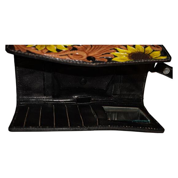 Hand Tooled Leather Sunflower Wallet Wristlet Black Brown Floral Western Boho - Picture 11 of 14